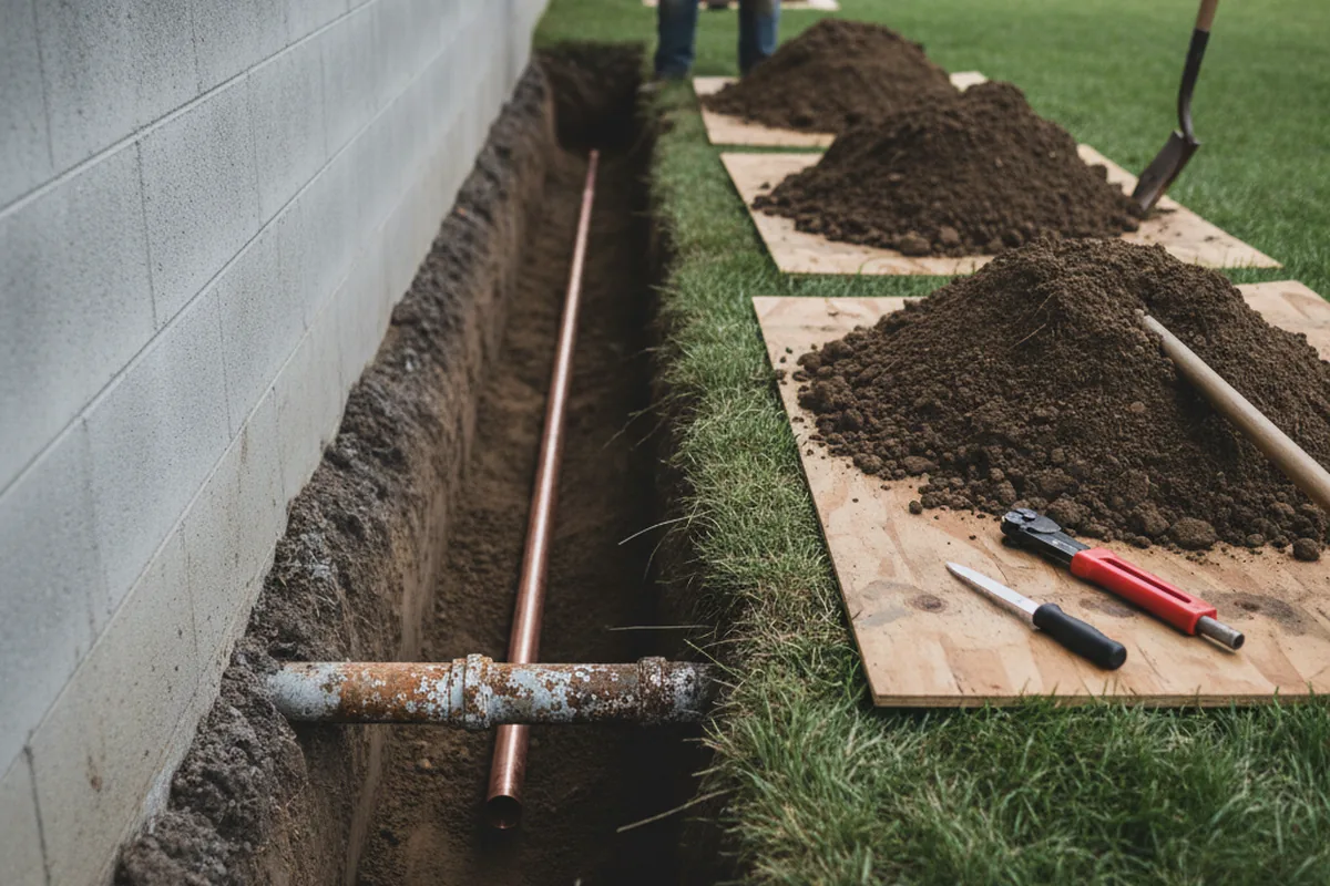 Excavated water line trench during Water Heater Repair in Albion